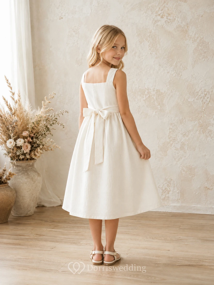 Rustic Linen Square Neck Sleeveless Bow Tea-Length A-Line Garden Flower Girl Dress view 2