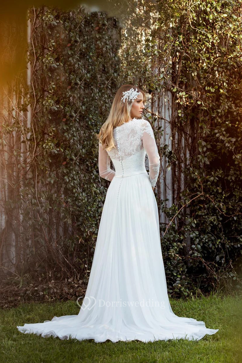 Etuikleid aus Chiffon mit langen Ärmeln, Rundhalsausschnitt und Illusionseffekt view 2