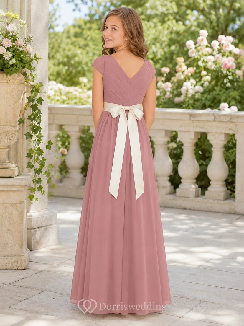 Vintage-Brautjungfernkleid in Mauve, A-Linie, V-Ausschnitt, kurze Ärmel, Chiffon, kontrastierende Schärpe, elegant view 2