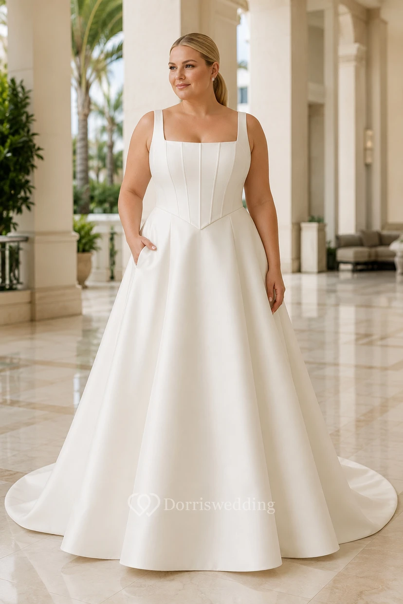 Vestido de novia de gala de satén con escote cuadrado y talla grande