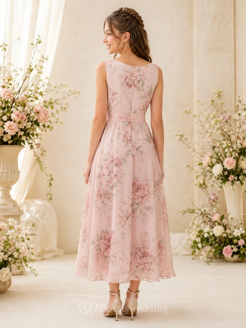Rosafarbenes Brautjungfernkleid in A-Linie, ärmellos, wadenlang, aus Chiffon mit Blumenmuster, romantisch view 2