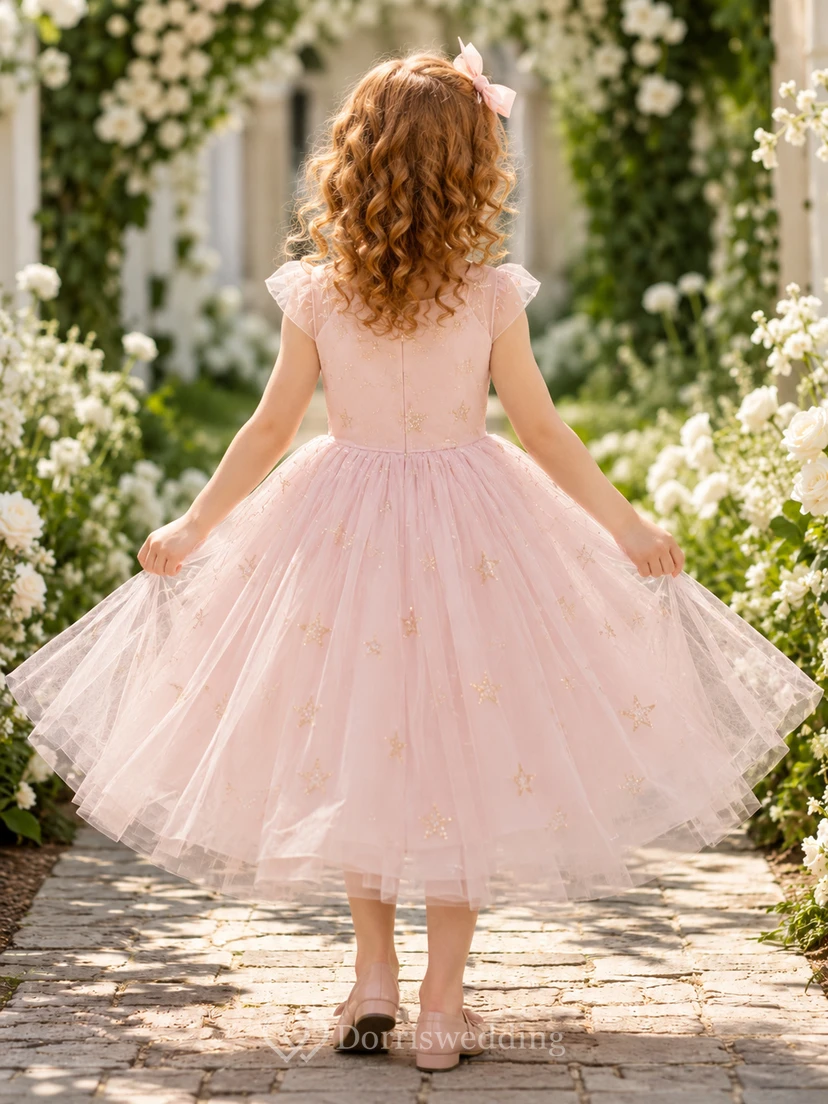 Pink Romantic A-Line Tulle Flower Girl Dress Cap Sleeve Scoop Neck Tea-Length Star Detail view 2