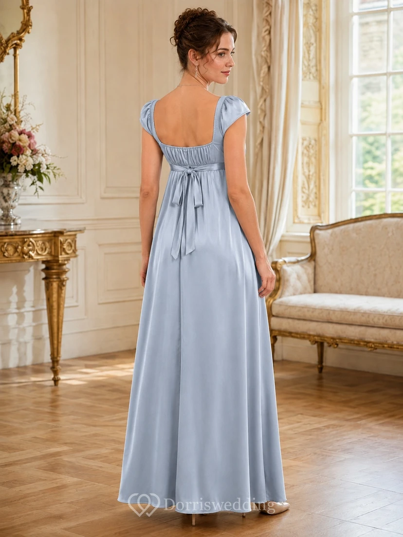 Sky Blue Regency Square Neck Puff Sleeve Satin Empire Floor-length Romantic Dress view 2