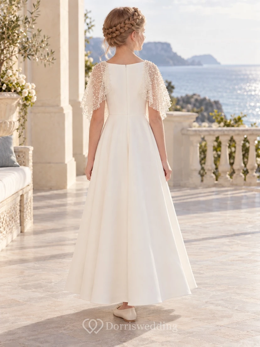 Modest Ivory Dense Pearl Cape Ankle-length Crepe Flower Girl Dress view 2