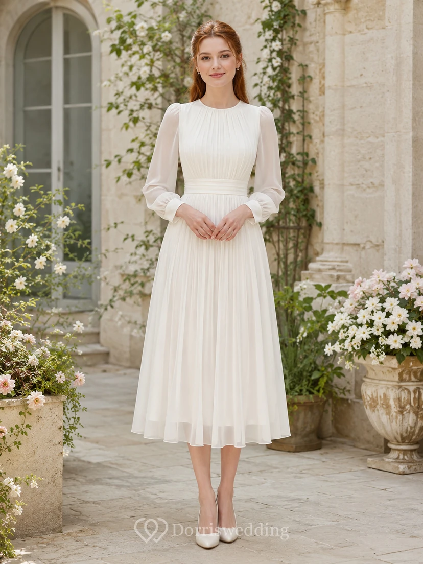 Elfenbeinfarbenes, hochgeschlossenes, langärmeliges, plissiertes Zeremonien-Midikleid