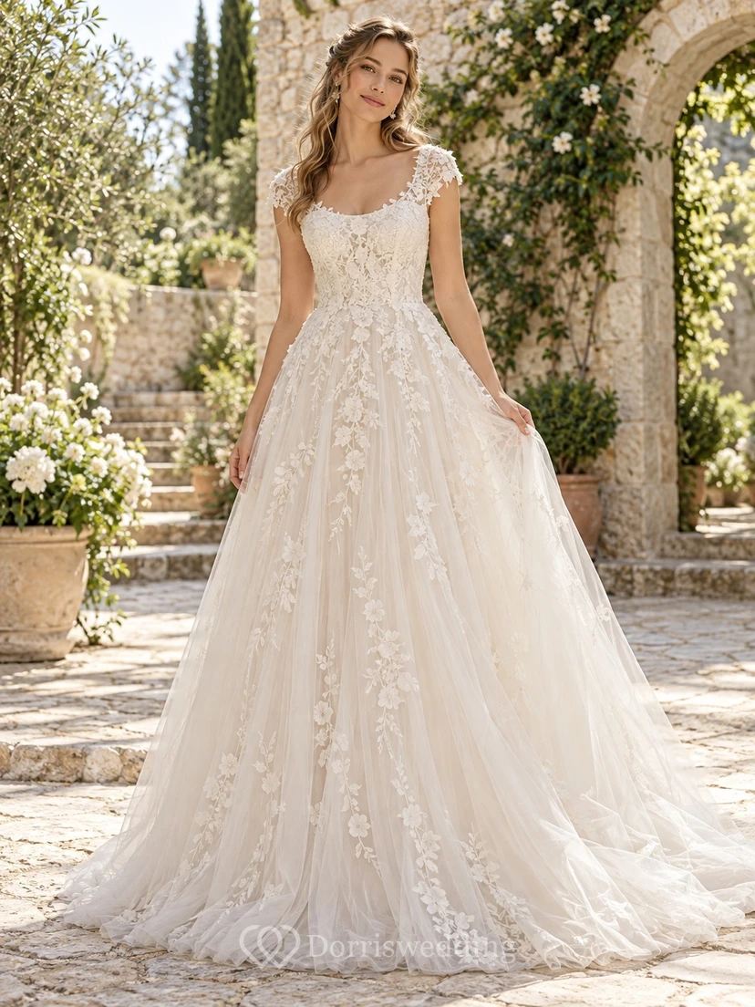 Floral Scoop Neck Cap Sleeve Tulle A-line Train Wedding Dress