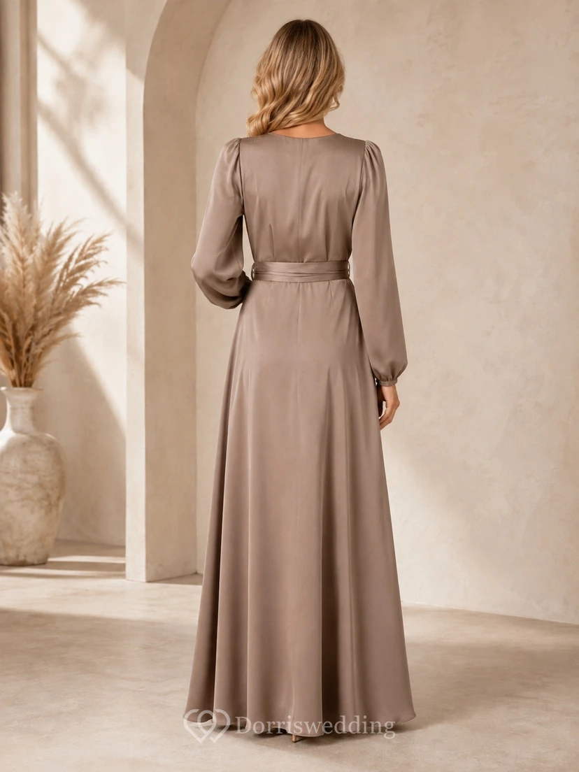 Long Sleeve Simple A-Line Wrap Sash Taupe Formal Evening Dress view 2