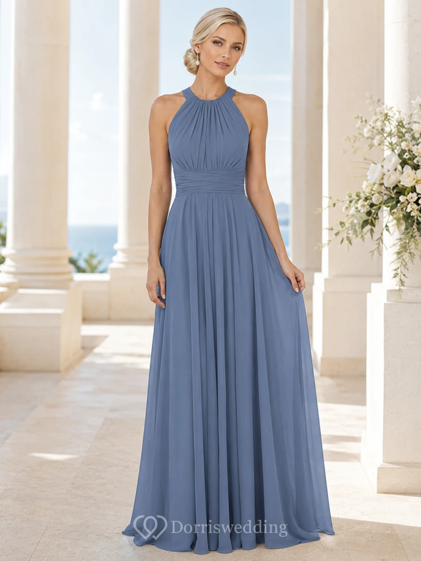 Steel Blue Halter High Neck Pleated Chiffon Floor Length Bridesmaid Dress