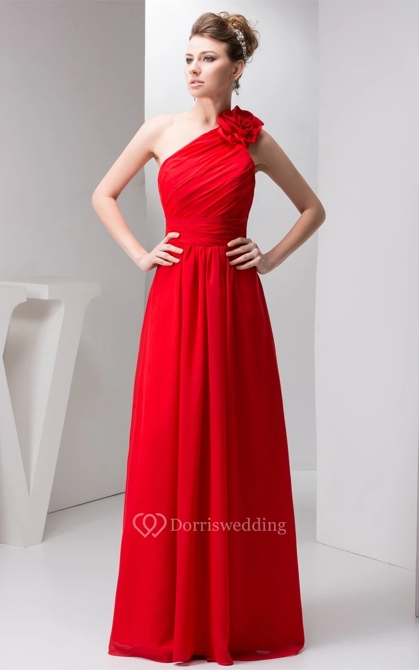 One-Shoulder Floor-Length Chiffon Floral Epaulet and Dress With Ruching