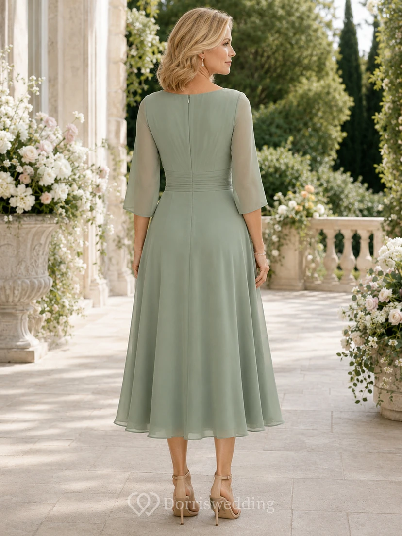 Sage Tea-Length A-Line Modest Mother of the Bride Dress with Three-Quarter Sleeves and Ruched Waist view 2