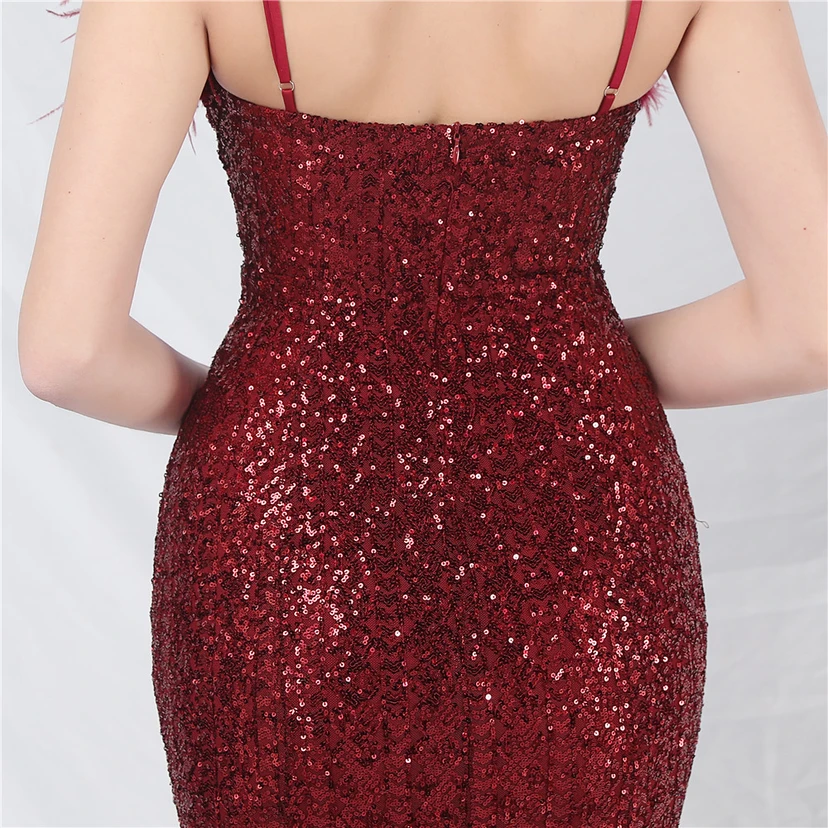 Craft Ostrich Feather Mesh Sequined Long Evening Dress view 25