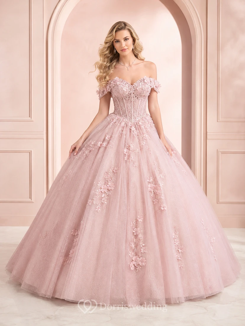 Vestido de gala formal de quinceañera/fiesta de princesa, rosa rubor, con hombros descubiertos, de tul con apliques florales.