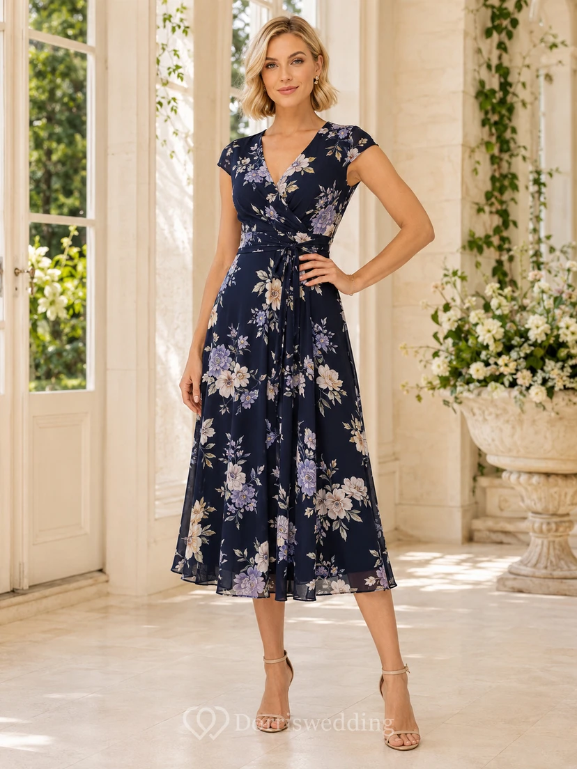 Robe midi trapèze à col V et manches courtes, imprimé floral bleu marine