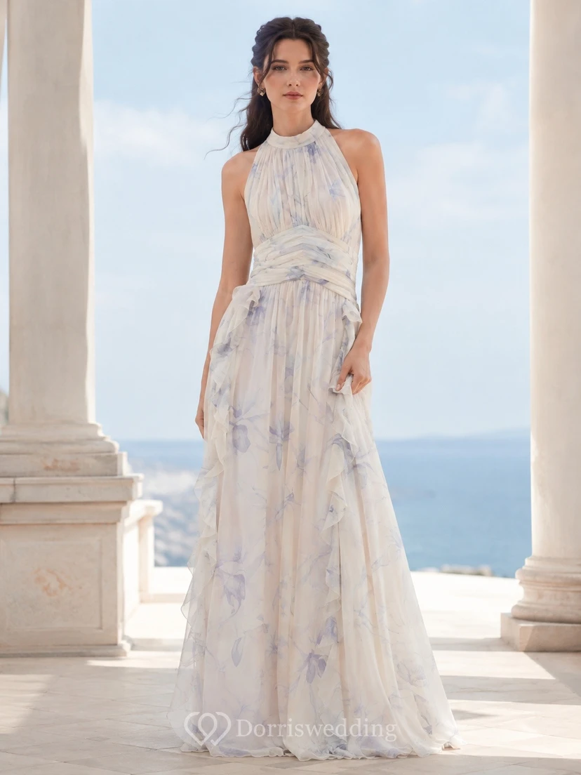 Blue Floral Halter Neck Sleeveless Floor-Length Chiffon A-Line Dress