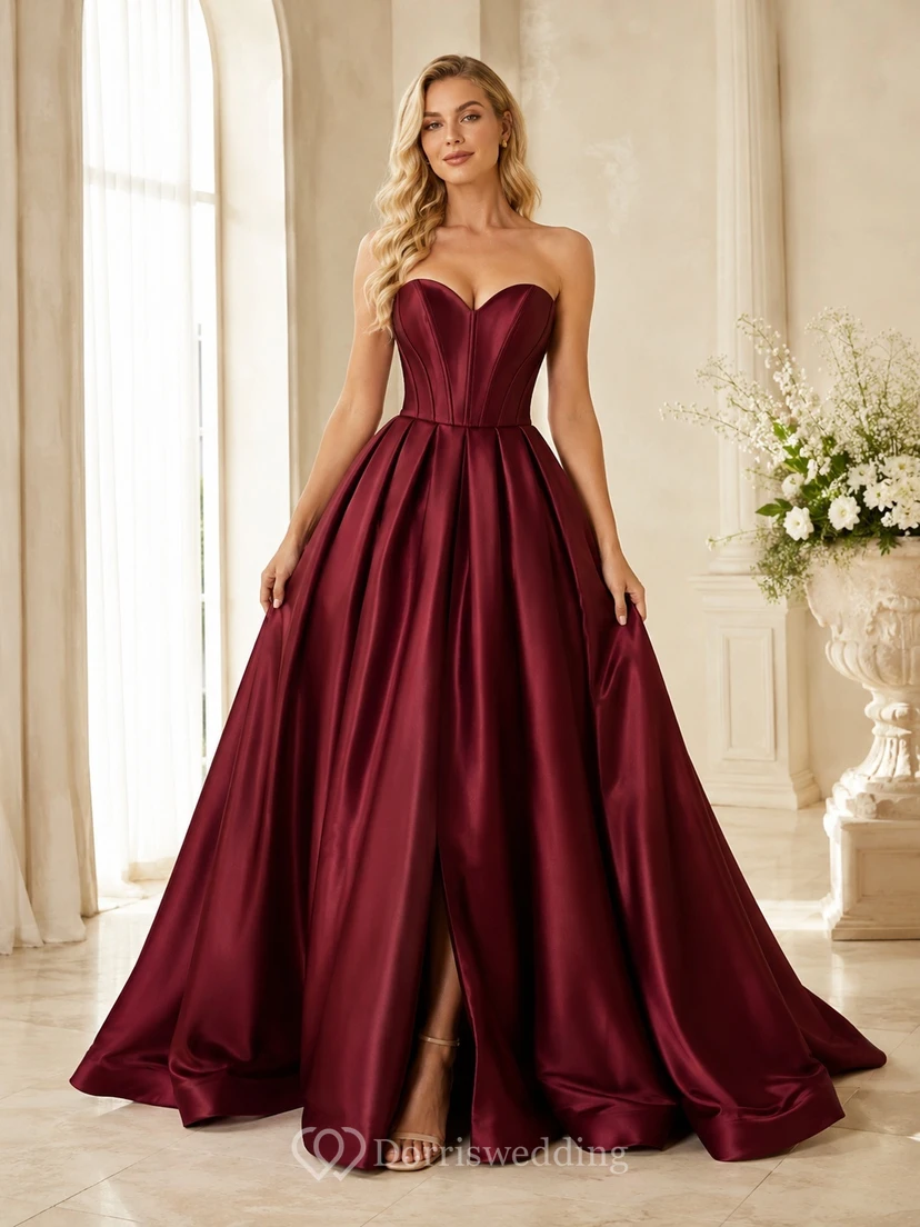 Burgundy Sweetheart Strapless Satin Ball Gown Sweep Train Prom Dress