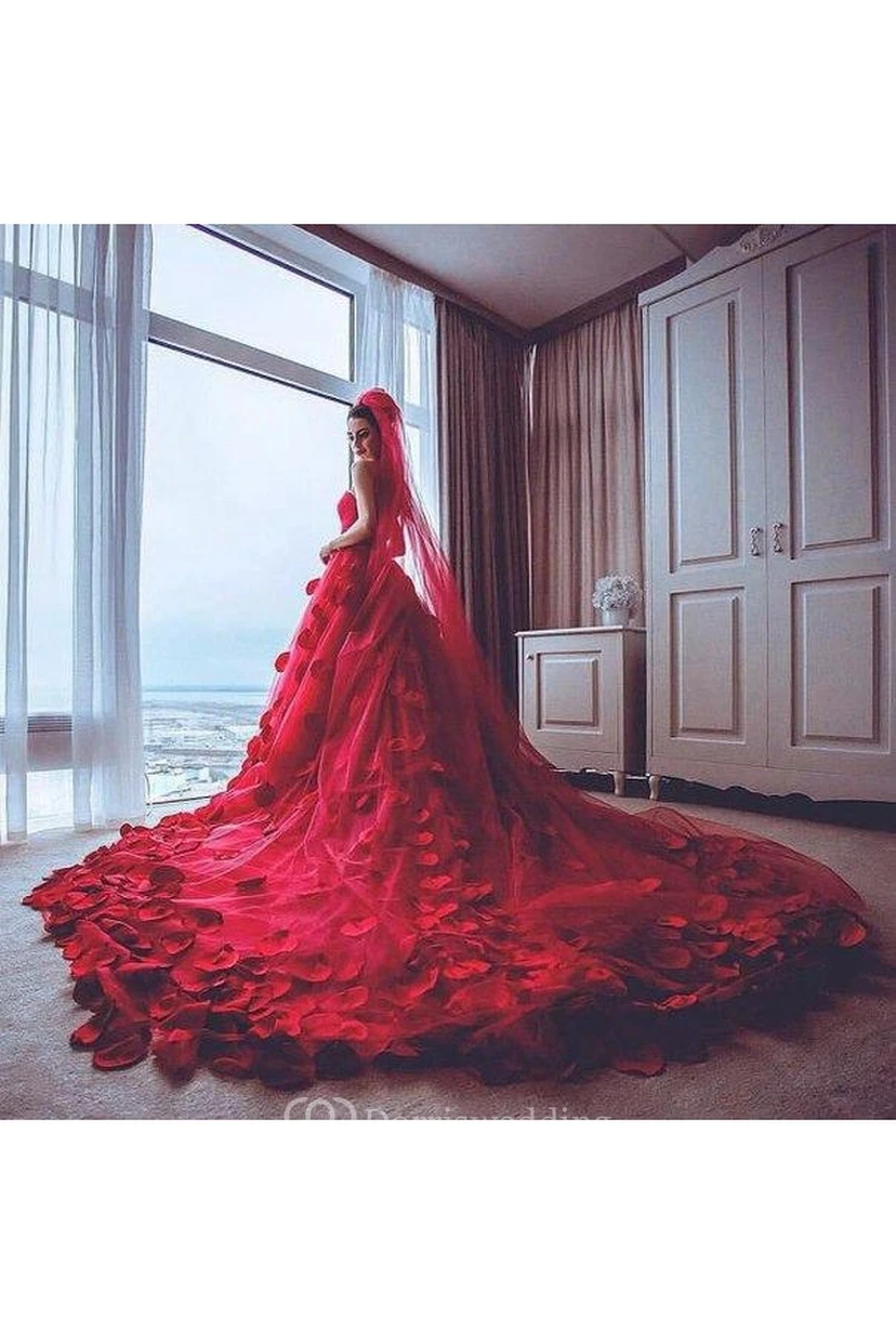 Newest Red Tulle Princess Wedding Dress Flowers Court Train view 3
