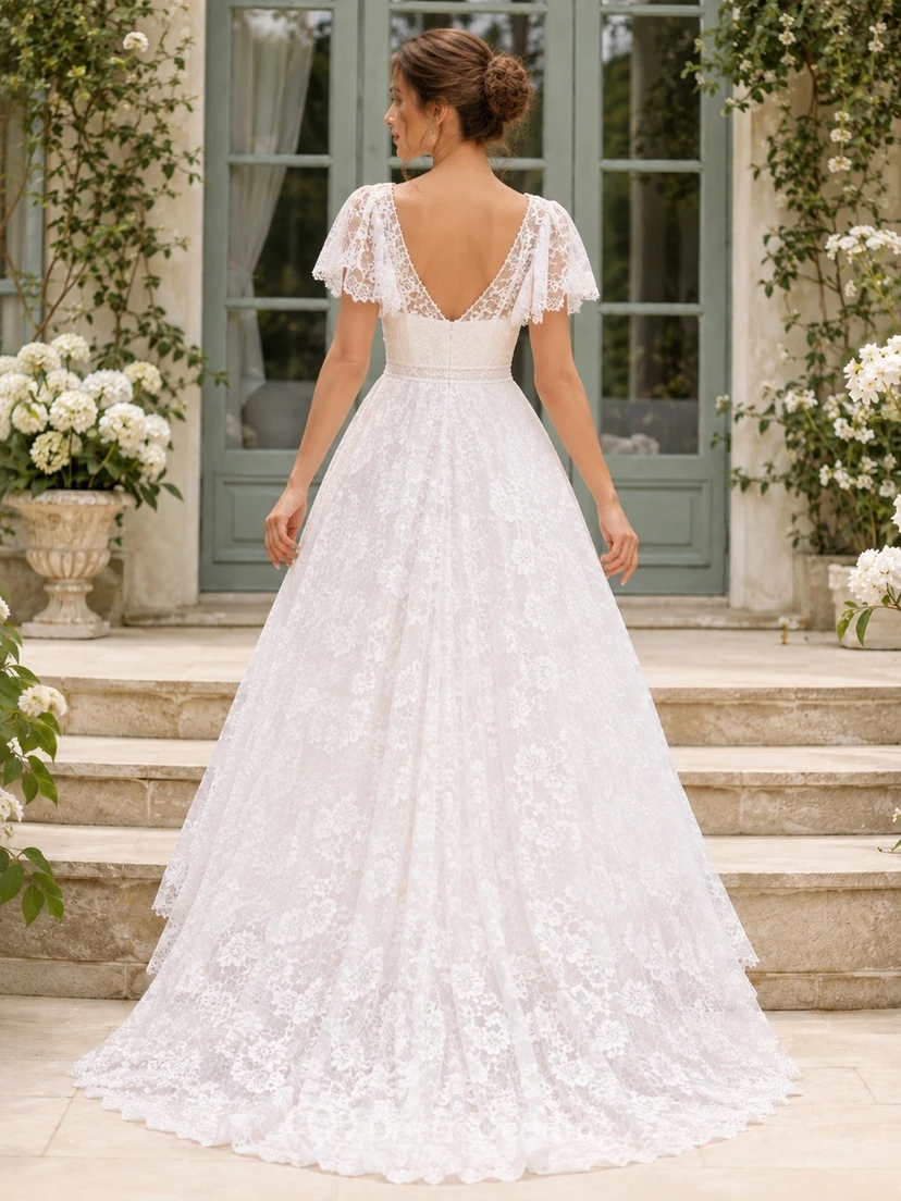 Vestido de novia de encaje floral con escote en V, manga corta, cola asimétrica y vestido de novia view 2