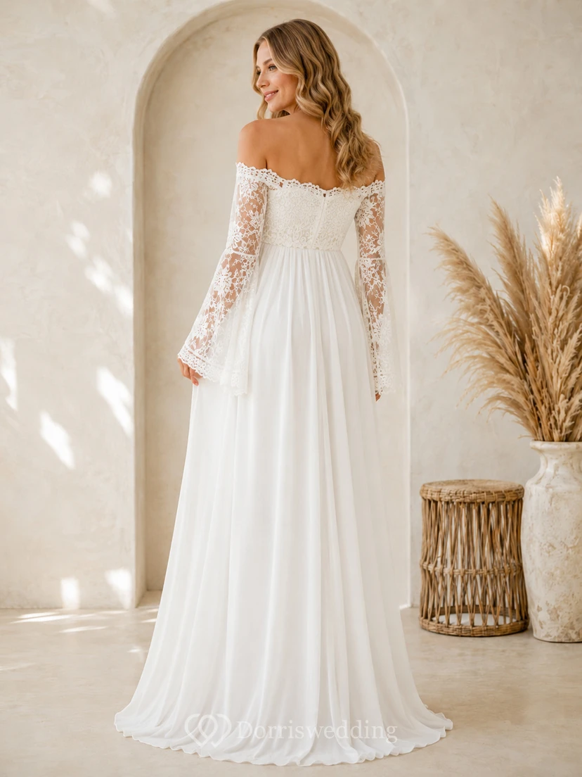 Weißes Umstands-Maxikleid im Boho-Stil mit schulterfreiem Ausschnitt, herzförmigen Spitzenärmeln und Glockenärmeln view 2