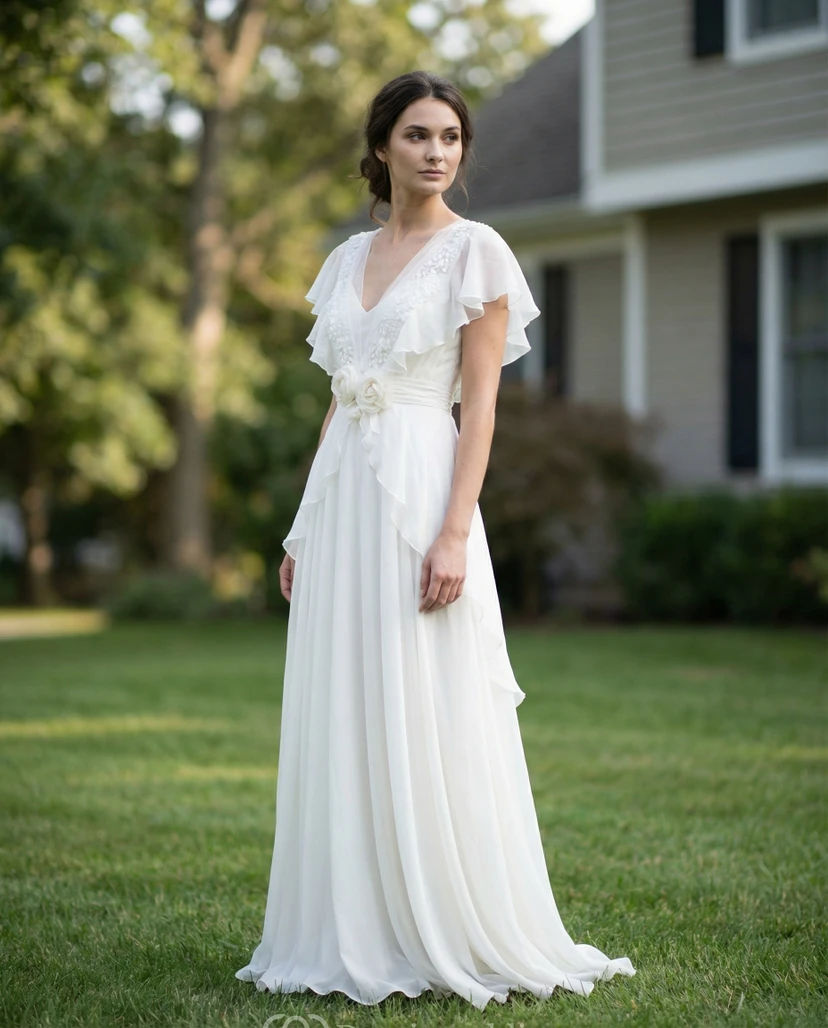 Boho-Hochzeitskleid aus Chiffon mit V-Ausschnitt, Rüschenärmeln und floralem Taillenband