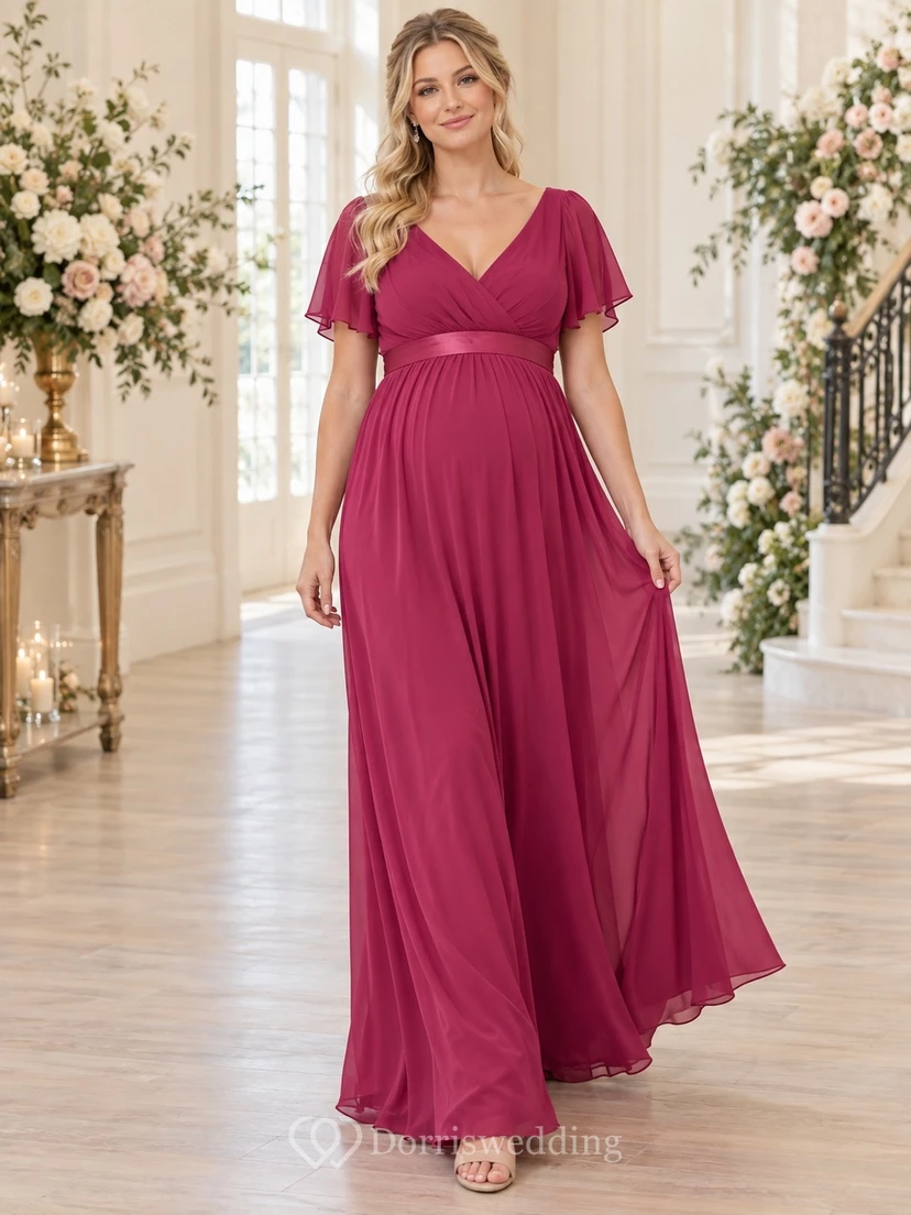 Vestido de dama de honor vaporoso de gasa fruncida con escote en V y mangas con volantes, color frambuesa, estilo imperio.