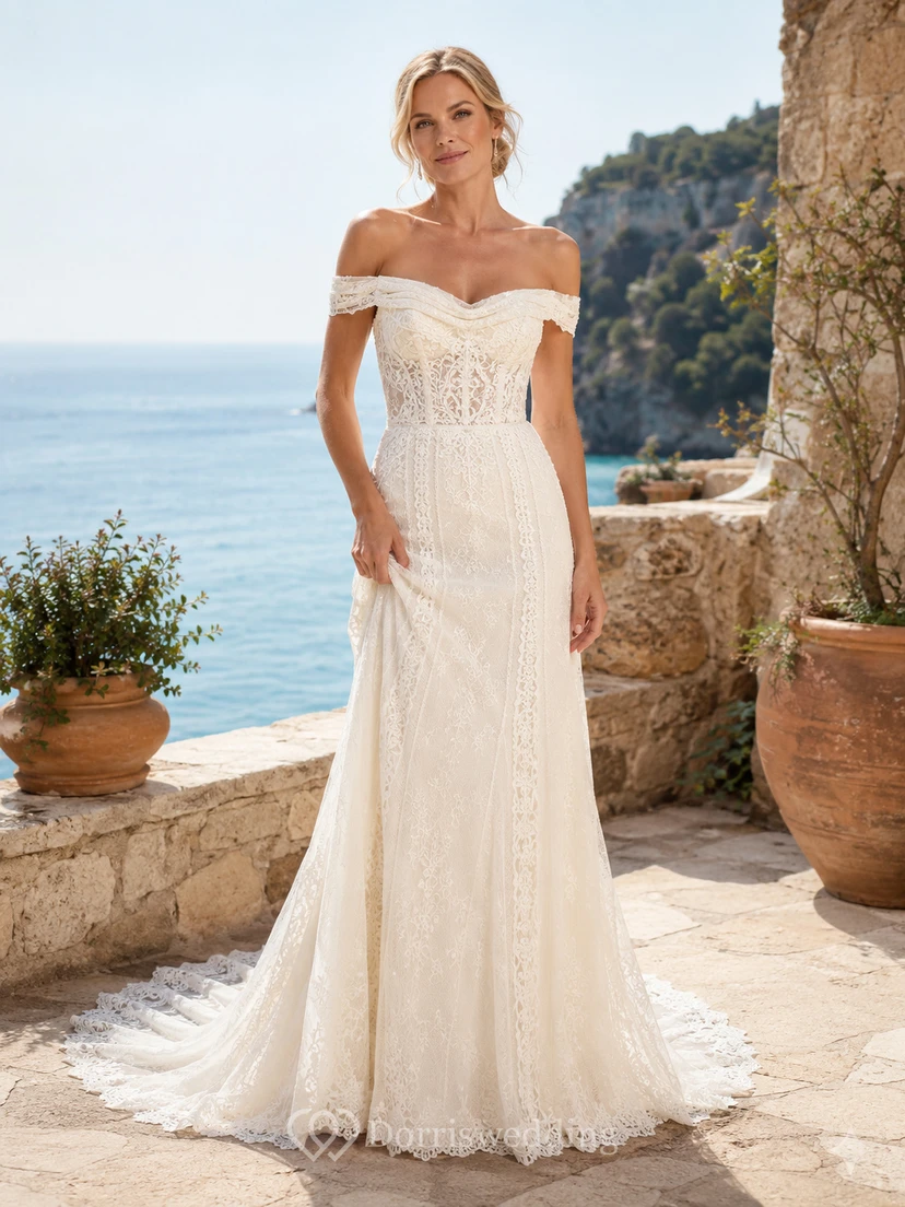 Mediterranean Off Shoulder Cap Lace Mermaid Chapel Train Outdoor Wedding Dress