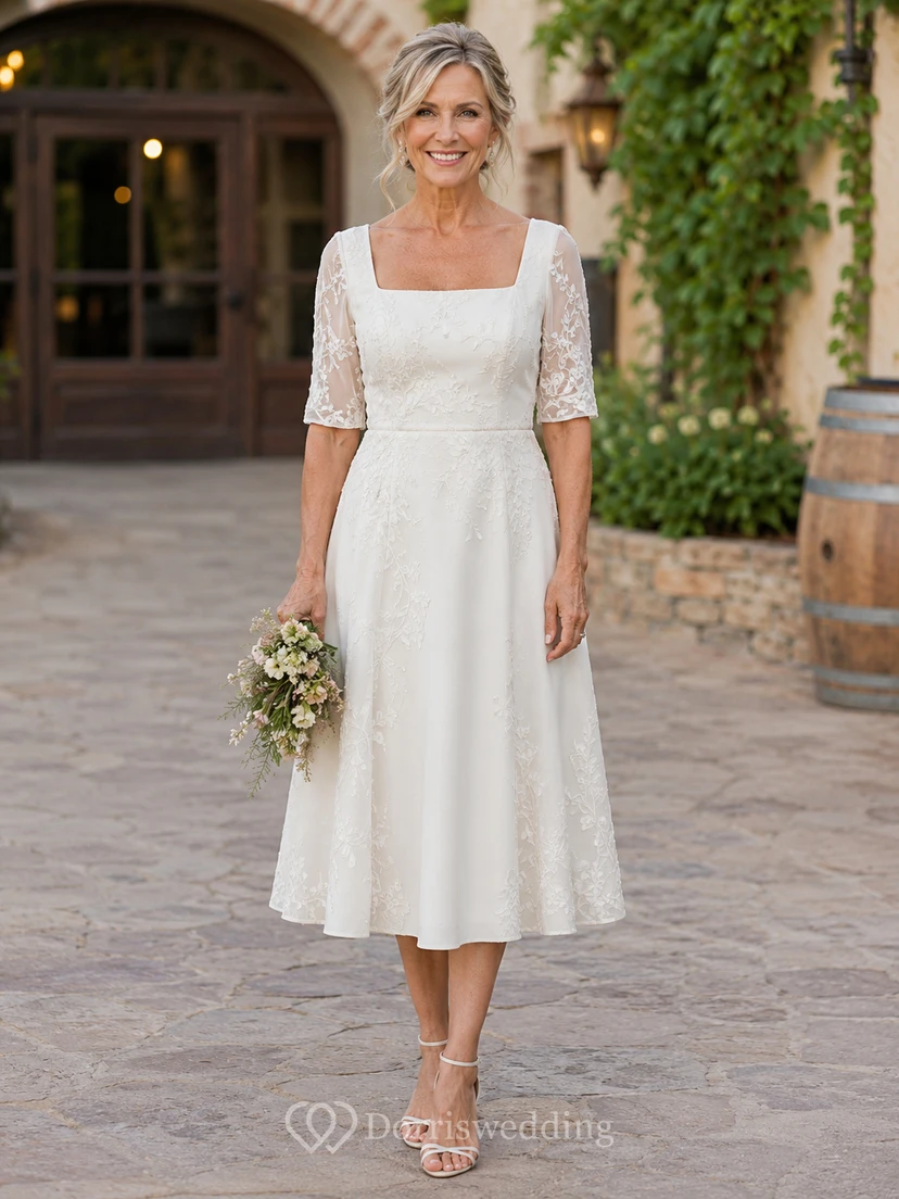Tea Length Satin Older Brides Wedding Dress with Lace Half Sleeves