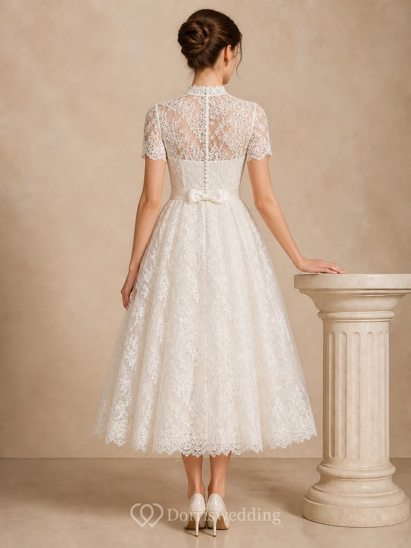 Vestido de novia vintage de largo midi con mangas cortas y lazo de encaje view 2