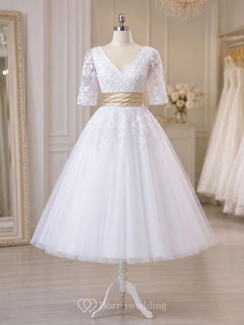 Robe mi-longue à manches courtes et col en V avec superposition de tulle view 7