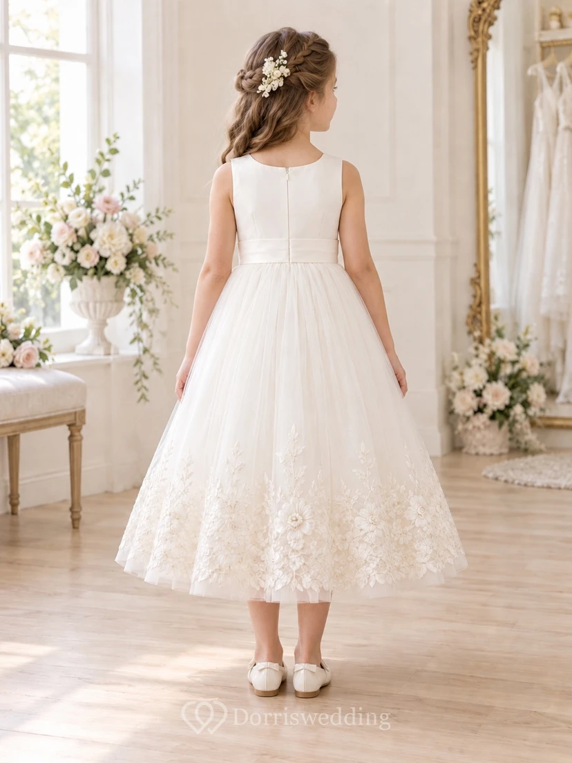 Teelanges, elfenbeinfarbenes A-Linien-Kleid mit floraler Spitze und Tüllborte, ärmellos, mit Bordüre für Blumenmädchen view 2