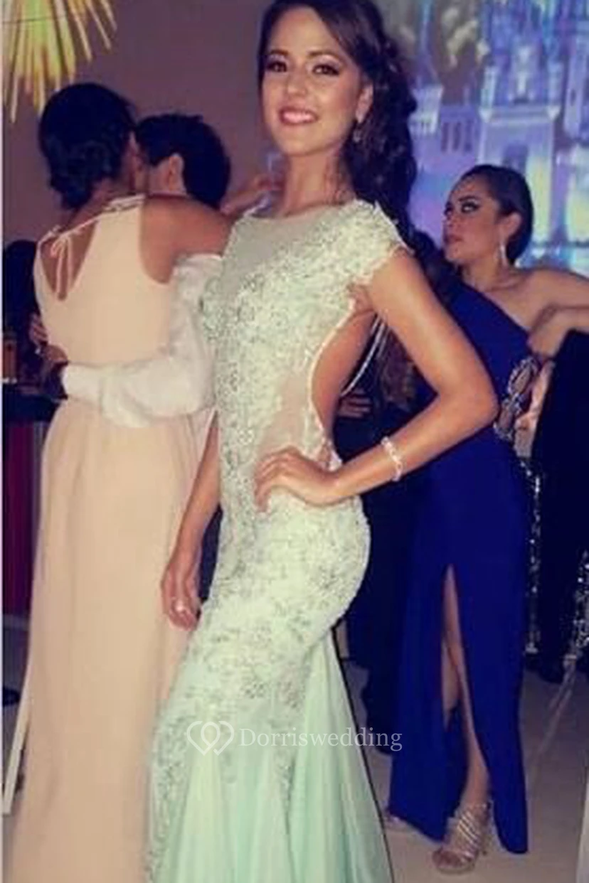 Mermaid Trumpet Lace Tulle High Neck Short Sleeve Open Back Backless Dress view 3