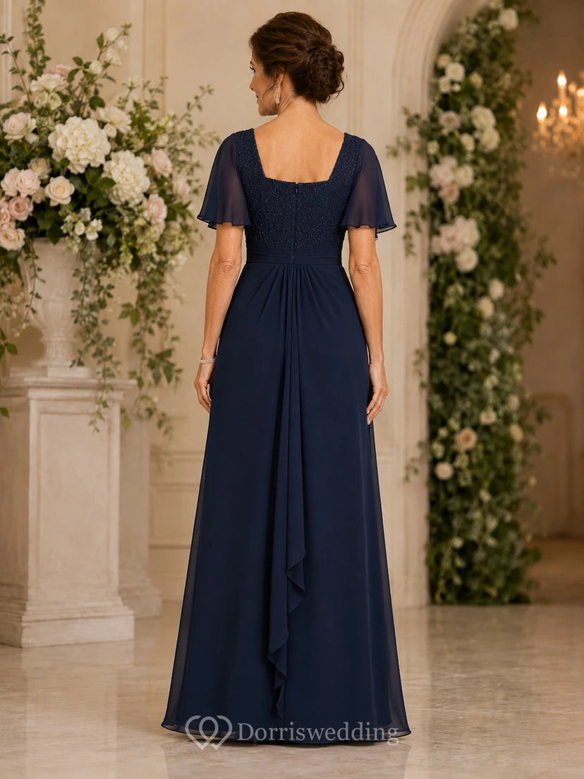 Dark Navy Square Neck Beaded Chiffon Evening Mother Gown view 2