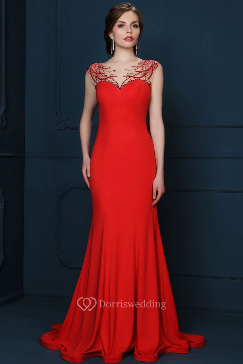 Sheath Beaded Cap-Sleeve Floor-Length Scoop-Neck Jersey Evening Dress With Pleats view 3