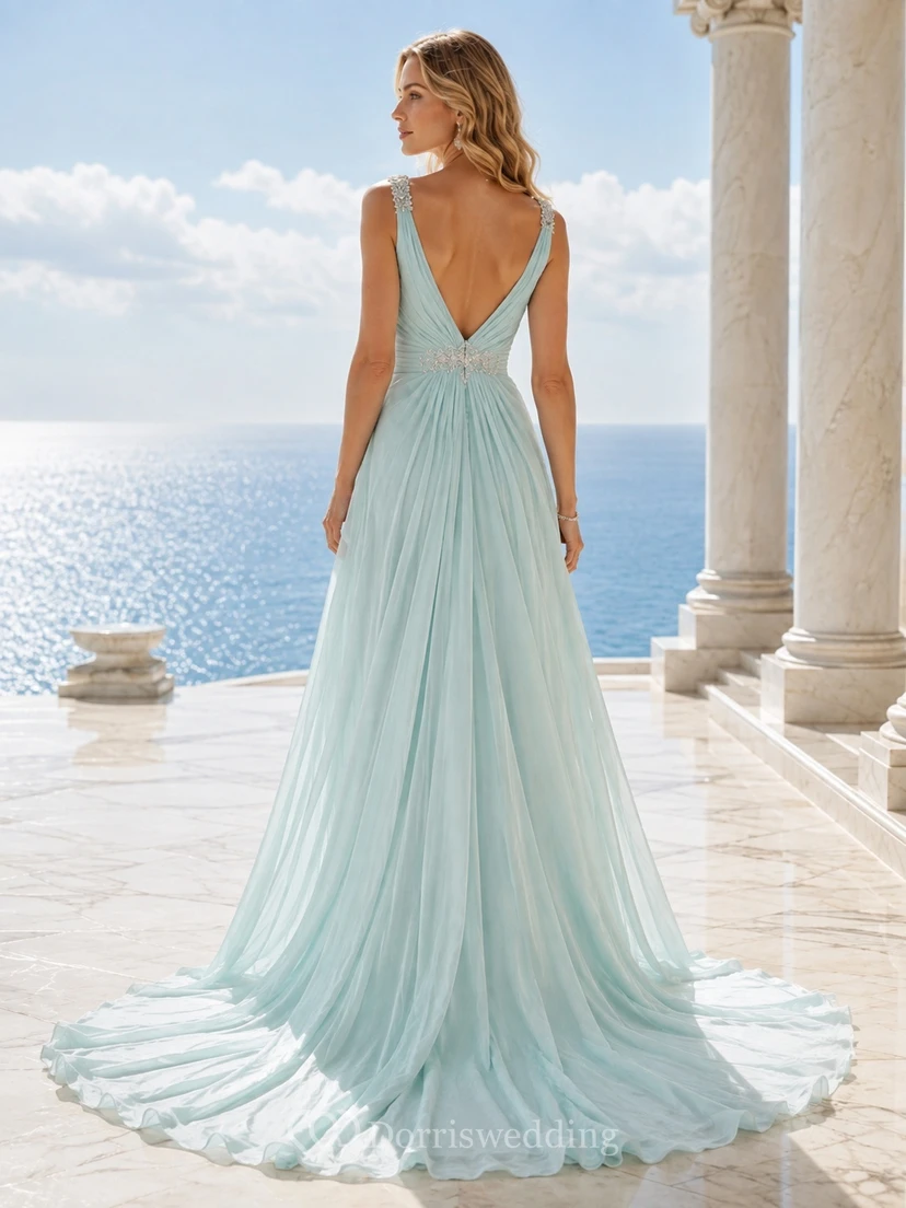 Mintgrünes Strandkleid mit V-Ausschnitt, drapiertem Chiffon, Empire-Schnitt und A-Linien-Schnitt view 2