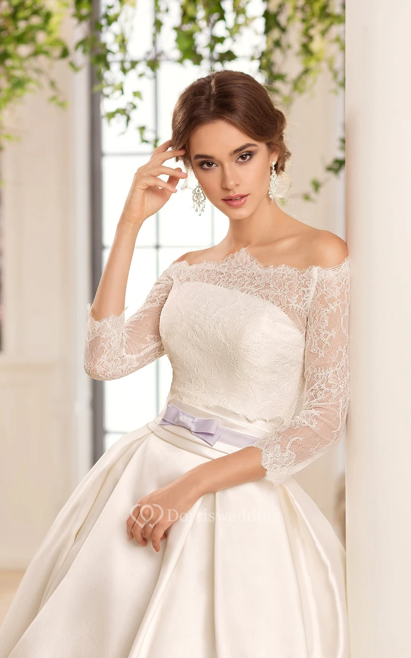 A-Line Long Off-The-Shoulder Sleeveless Illusion Satin Dress With Cape view 3