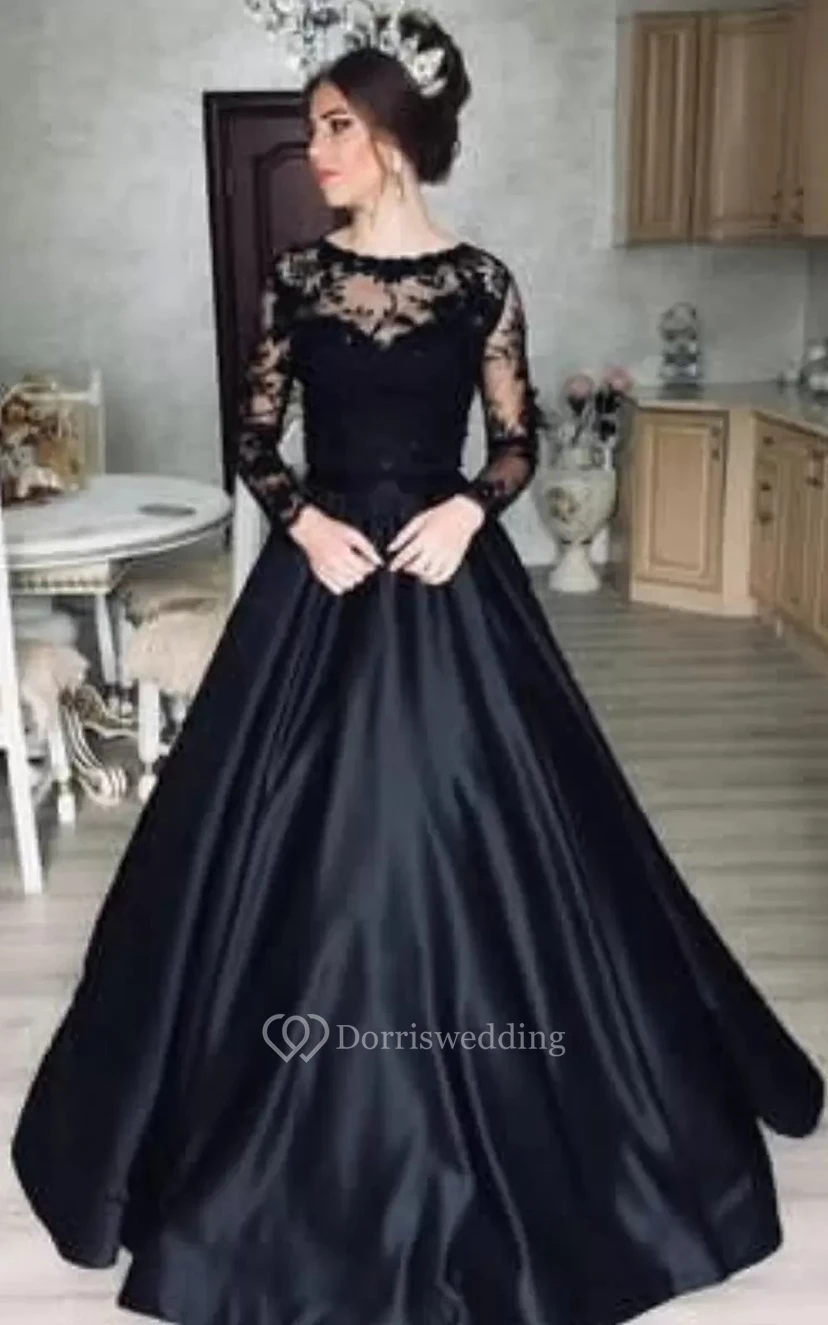 Schwarzes, elegantes Ballkleid mit langen Ärmeln, auch in großen Größen erhältlich, Gothic-Hochzeitskleid view 3