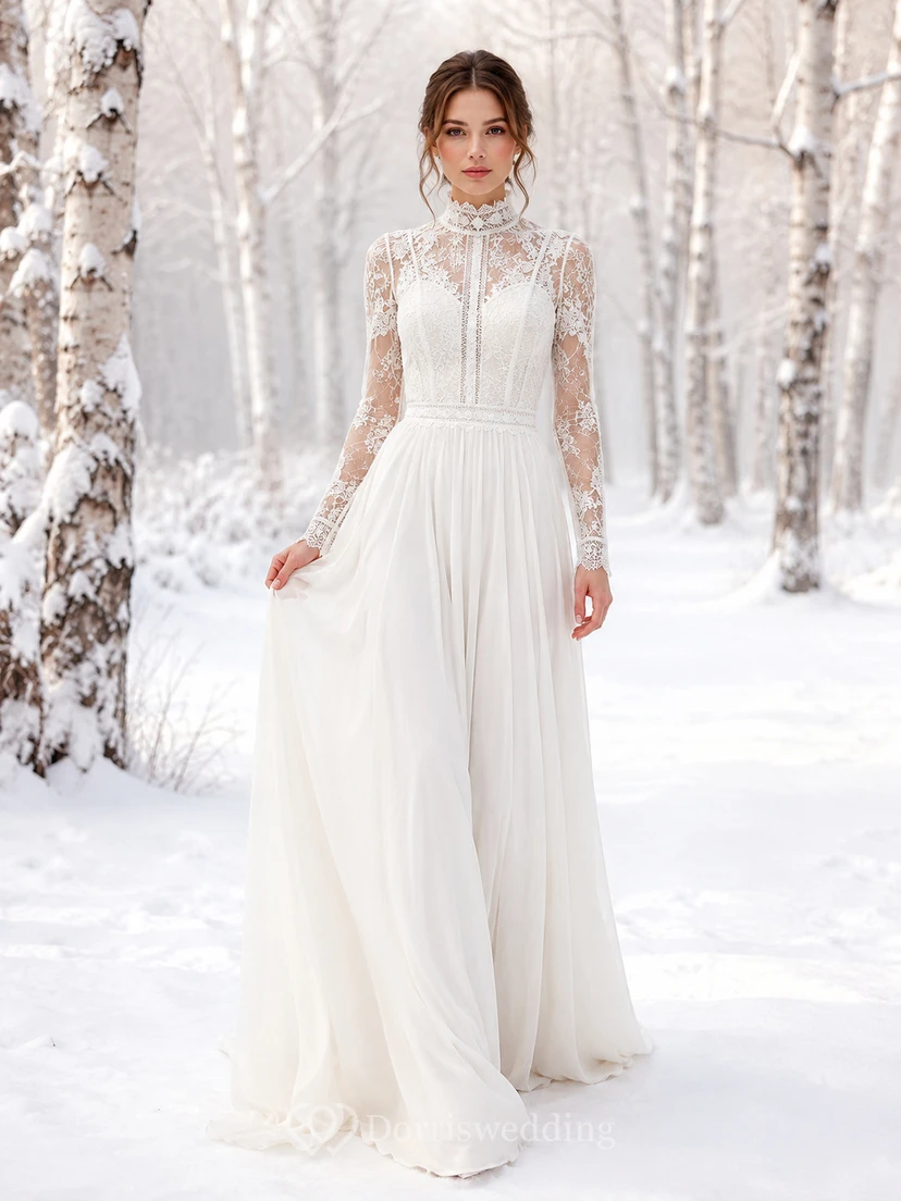 Robe de mariée en mousseline à col montant et manches longues, motif forêt enneigée