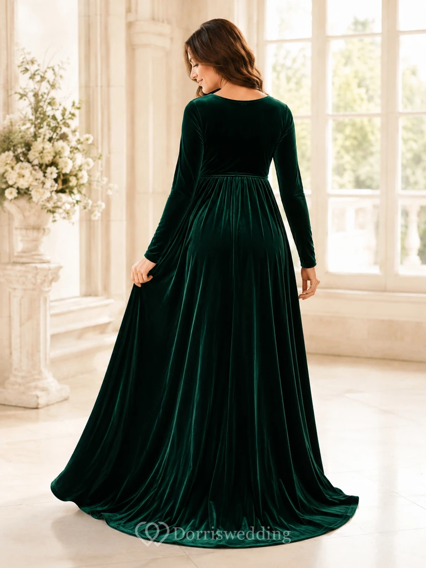Dark Green Scoop Long-Sleeve Velvet Luxury Maternity Mother Sweep Gown view 2