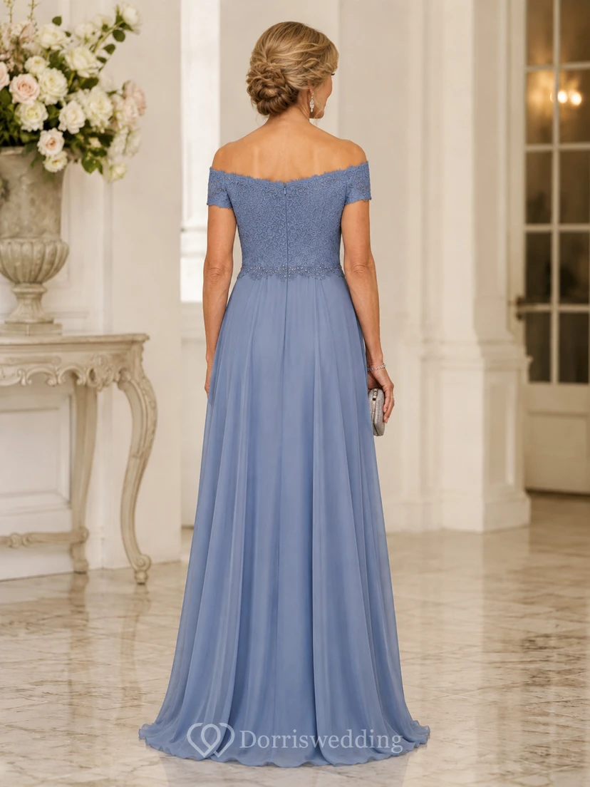 Steel Blue Off Shoulder Mother Gown Steel Blue Off-the-shoulder A-Line Floor-length view 2