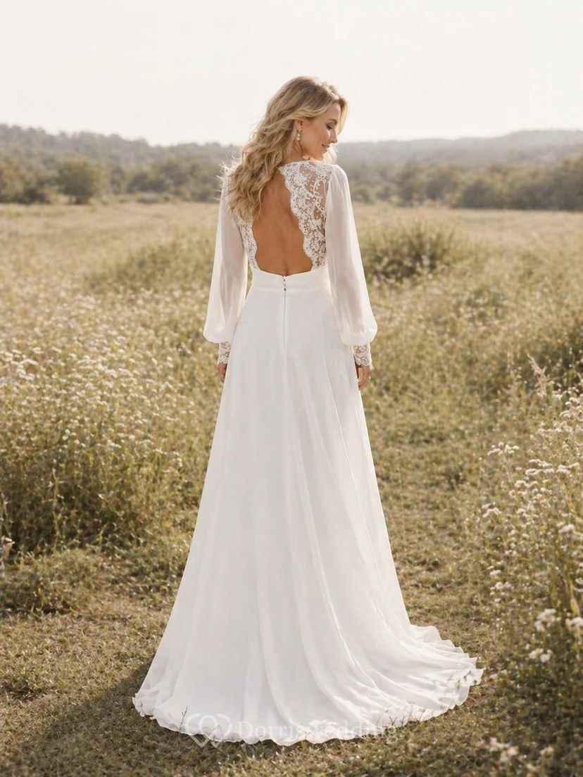 Ätherisches, bohemisches Chiffon-Hochzeitskleid mit Spitzendetails und Bischofsärmeln view 2