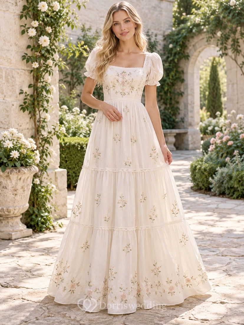 Square Neck Floral A-Line Puff Sleeve Embroidered Tiered Romantic Full-Length Wedding Dress