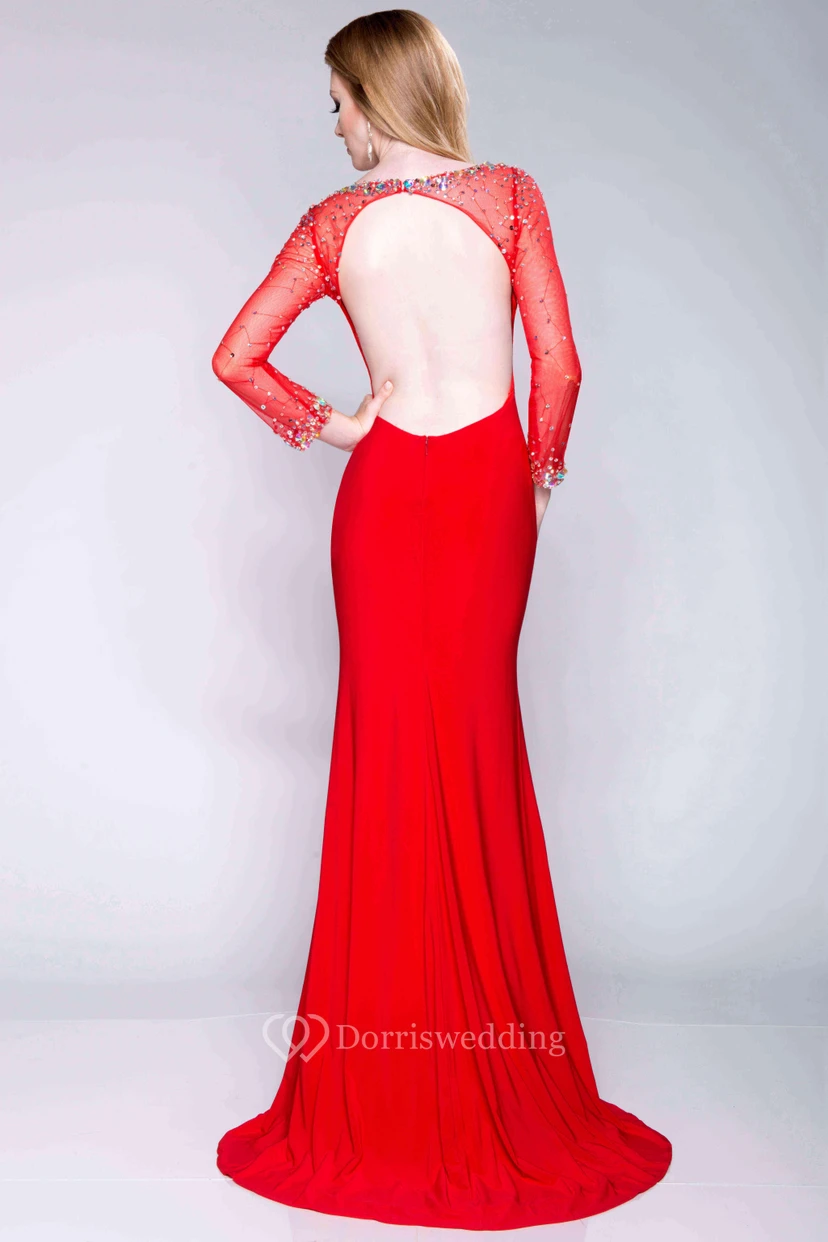 Langärmeliges, ärmelloses Jersey-Abendkleid mit Pailletten und Schlüssellochausschnitt view 2