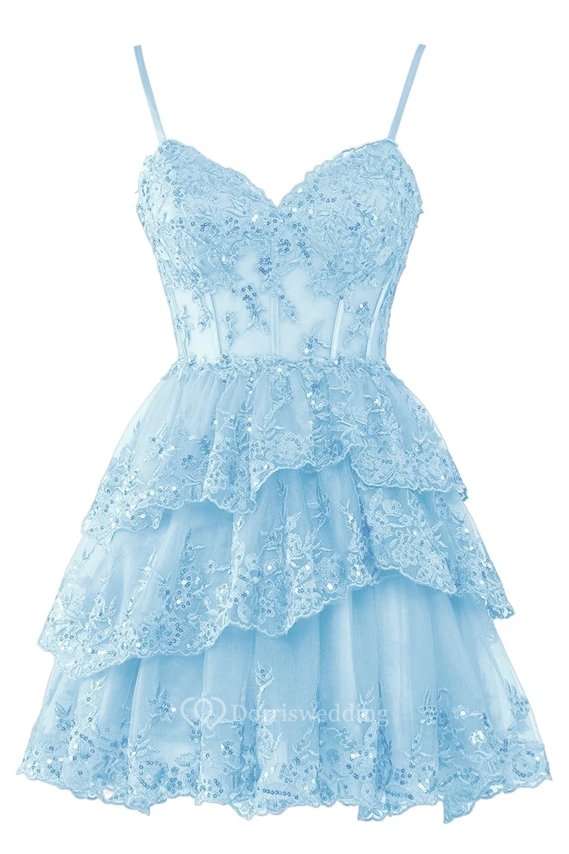Blue Off-the-Shoulder Short Dress with Lace view 17