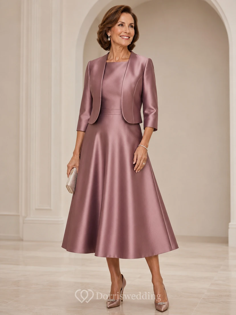 Vintage Mauve Satin Mother Dress with Bolero Vintage Mauve Square A-Line Tea-length