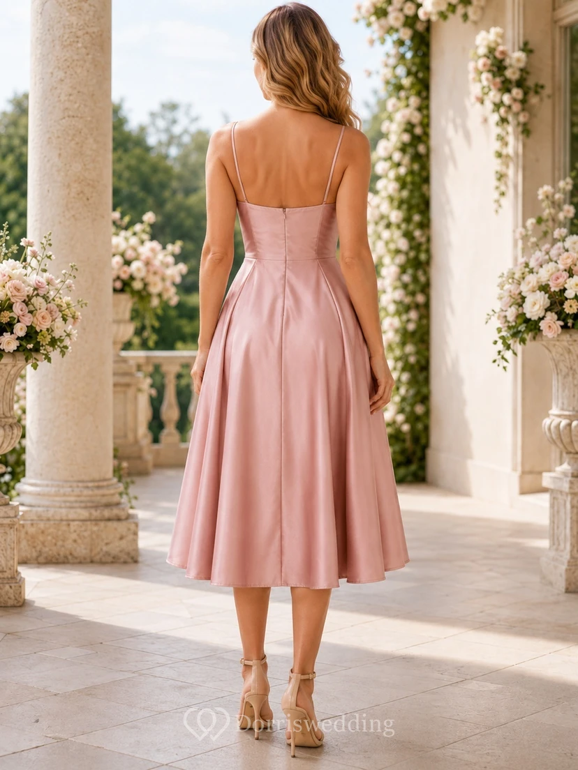 Blush Satin Cowl Neck Spaghetti A-Line Tea-Length Romantic Wedding Guest Dress view 2