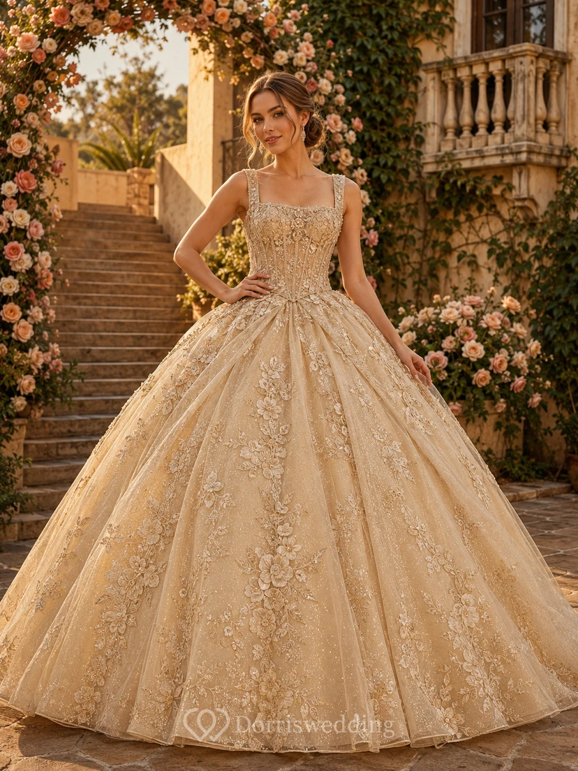 Champagnerfarbenes Prinzessinnen-Ballkleid mit floralem Bogen, quadratischen Trägern und goldener Metallic-Spitze für Quinceañeras im Innenhof