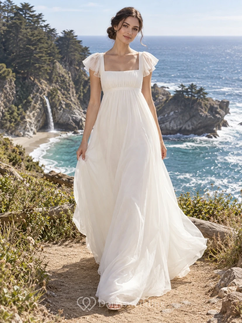 Vestido de novia sencillo de organza fruncida, largo hasta el suelo, con escote cuadrado, manga corta y corte imperio.