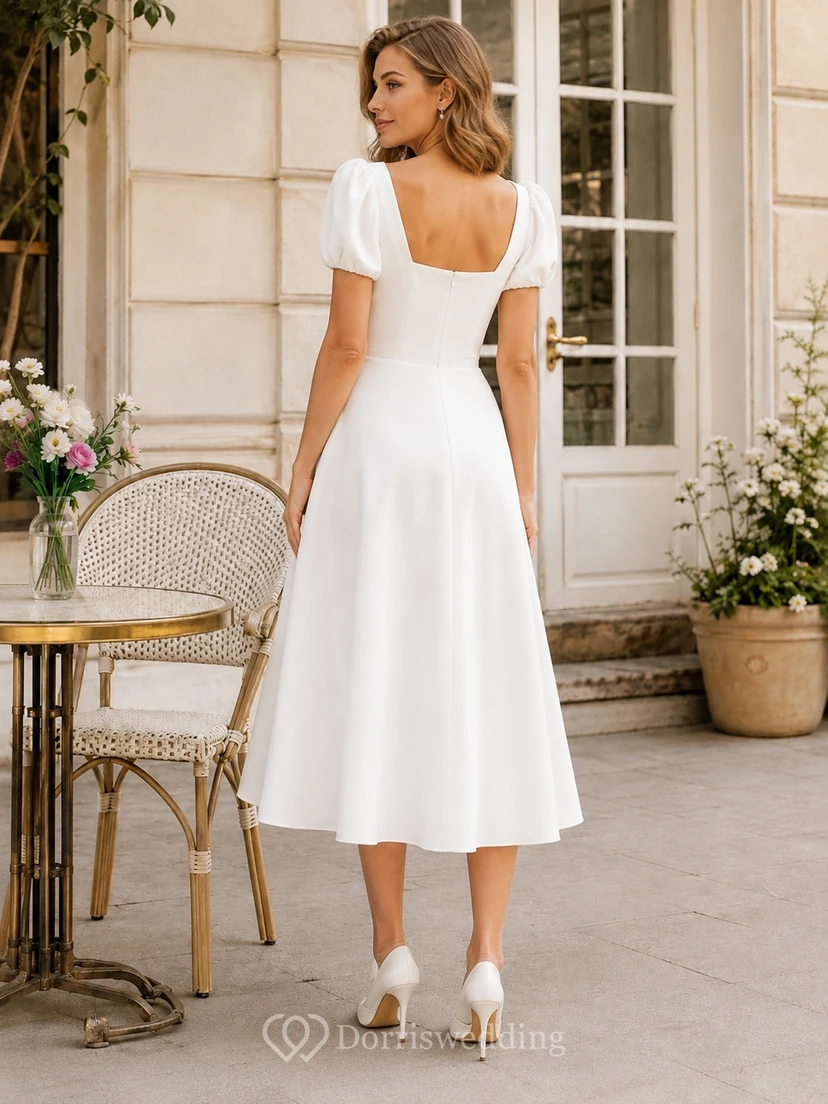 Vestido de novia sencillo de corte A, largo hasta la rodilla, con cuello cuadrado y mangas cortas, ideal para juzgados civiles. view 2