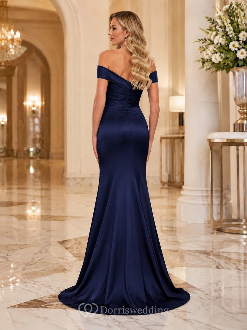Dunkelblaues, schulterfreies Meerjungfrauen-Abendkleid mit Schlitz view 2