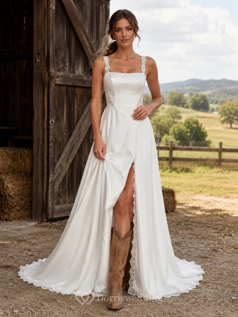 Robe de mariée de maternité décolletée en cœur, manches papillon, en dentelle, style montagne, avec traîne souple