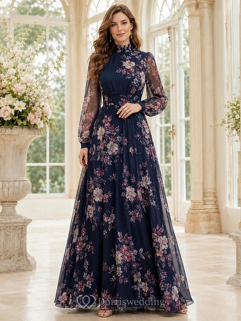 Navy Floral High Neck Long Sleeve A-Line Formal Maxi Dress